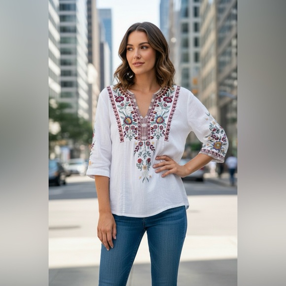 Johnny Was Tops - Johnny Was White Tunic with Colorful Embroidery